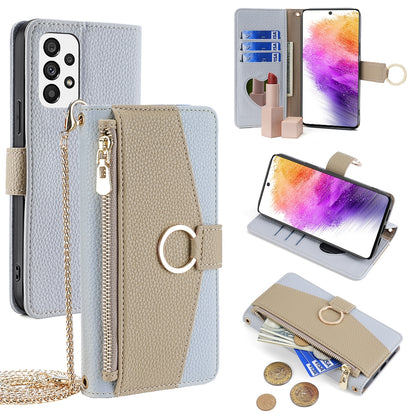 Samsung Galaxy A73 5G Crossbody Phone Case with Litchi Texture Leather, Adjustable Kickstand, Card Slots, Zipper Purse, Makeup Mirror, and TPU Protection