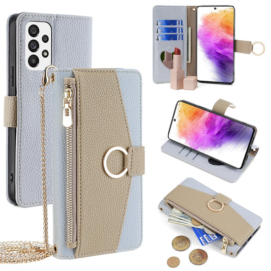 Samsung Galaxy A73 5G Crossbody Phone Case with Litchi Texture Leather, Adjustable Kickstand, Card Slots, Zipper Purse, Makeup Mirror, and TPU Protection