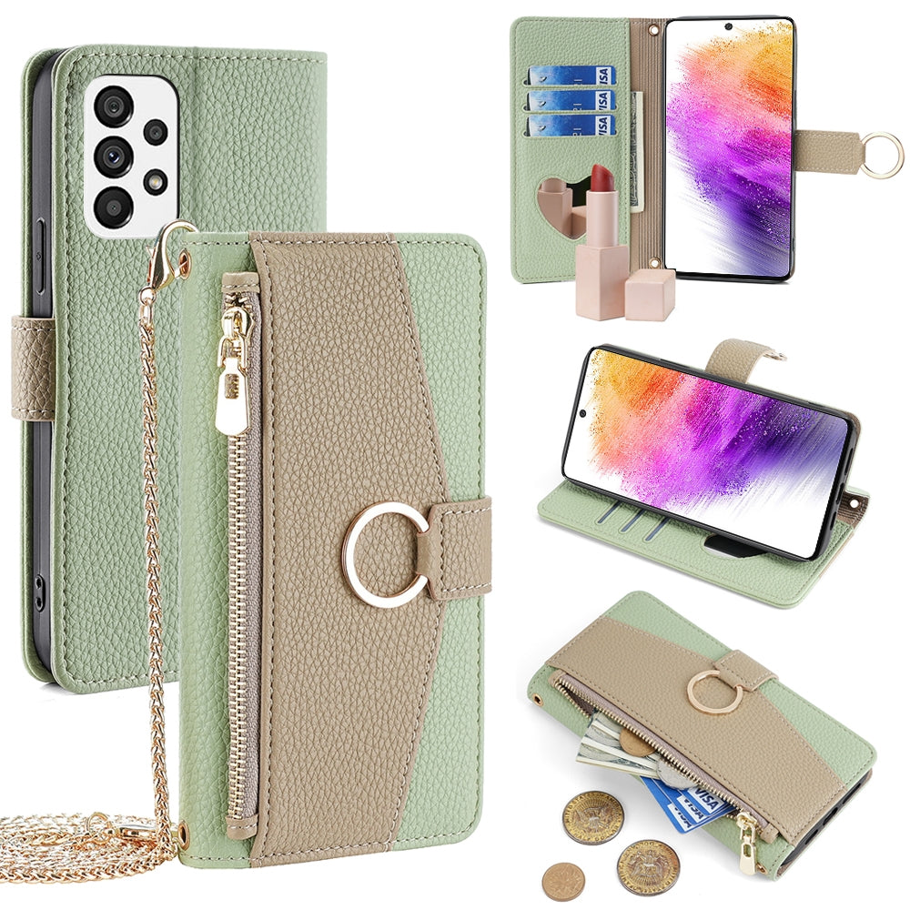 Samsung Galaxy A73 5G Crossbody Phone Case with Litchi Texture Leather, Adjustable Kickstand, Card Slots, Zipper Purse, Makeup Mirror, and TPU Protection