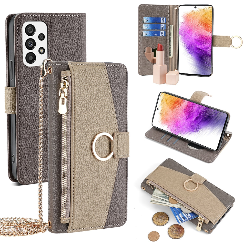 Samsung Galaxy A73 5G Crossbody Phone Case with Litchi Texture Leather, Adjustable Kickstand, Card Slots, Zipper Purse, Makeup Mirror, and TPU Protection