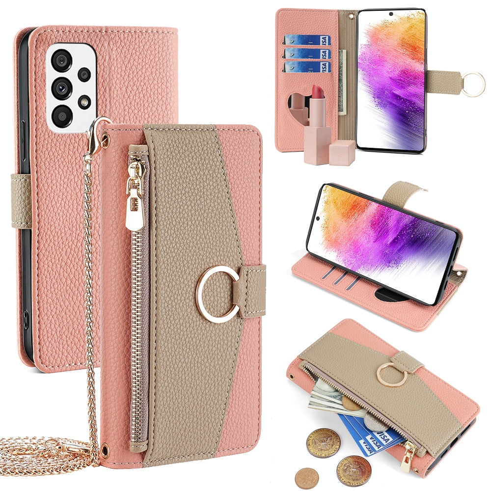 Samsung Galaxy A73 5G Crossbody Phone Case with Litchi Texture Leather, Adjustable Kickstand, Card Slots, Zipper Purse, Makeup Mirror, and TPU Protection
