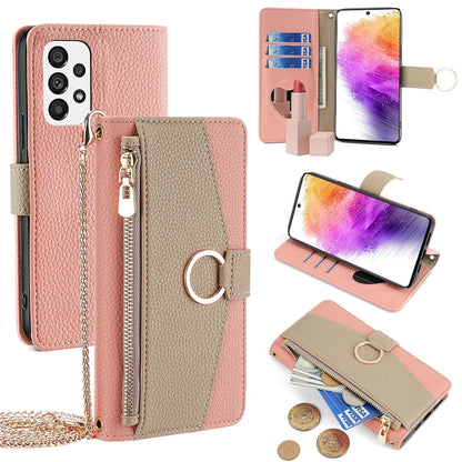 Samsung Galaxy A73 5G Crossbody Phone Case with Litchi Texture Leather, Adjustable Kickstand, Card Slots, Zipper Purse, Makeup Mirror, and TPU Protection