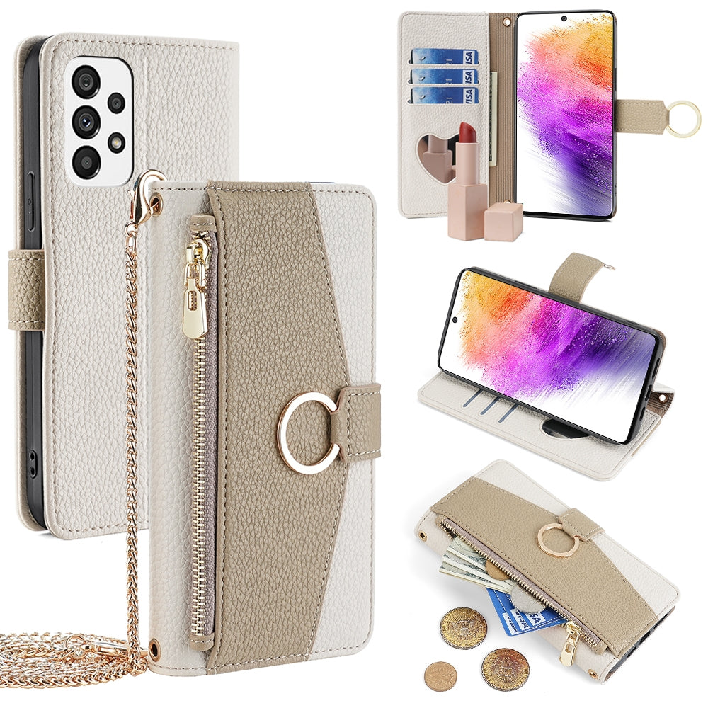 Samsung Galaxy A73 5G Crossbody Phone Case with Litchi Texture Leather, Adjustable Kickstand, Card Slots, Zipper Purse, Makeup Mirror, and TPU Protection