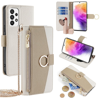 Samsung Galaxy A73 5G Crossbody Phone Case with Litchi Texture Leather, Adjustable Kickstand, Card Slots, Zipper Purse, Makeup Mirror, and TPU Protection