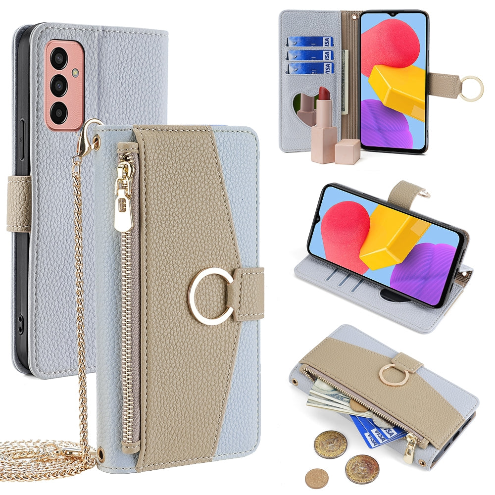 Samsung Galaxy M13 Crossbody Phone Case with Litchi Texture Leather, Adjustable Kickstand, Card Slots, Zipper Purse, Makeup Mirror, and TPU Protection
