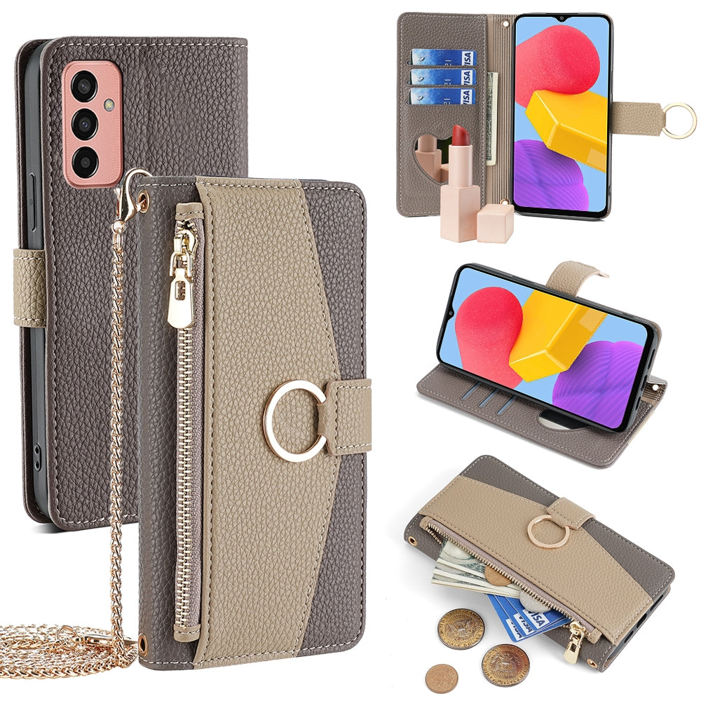 Samsung Galaxy M13 Crossbody Phone Case with Litchi Texture Leather, Adjustable Kickstand, Card Slots, Zipper Purse, Makeup Mirror, and TPU Protection