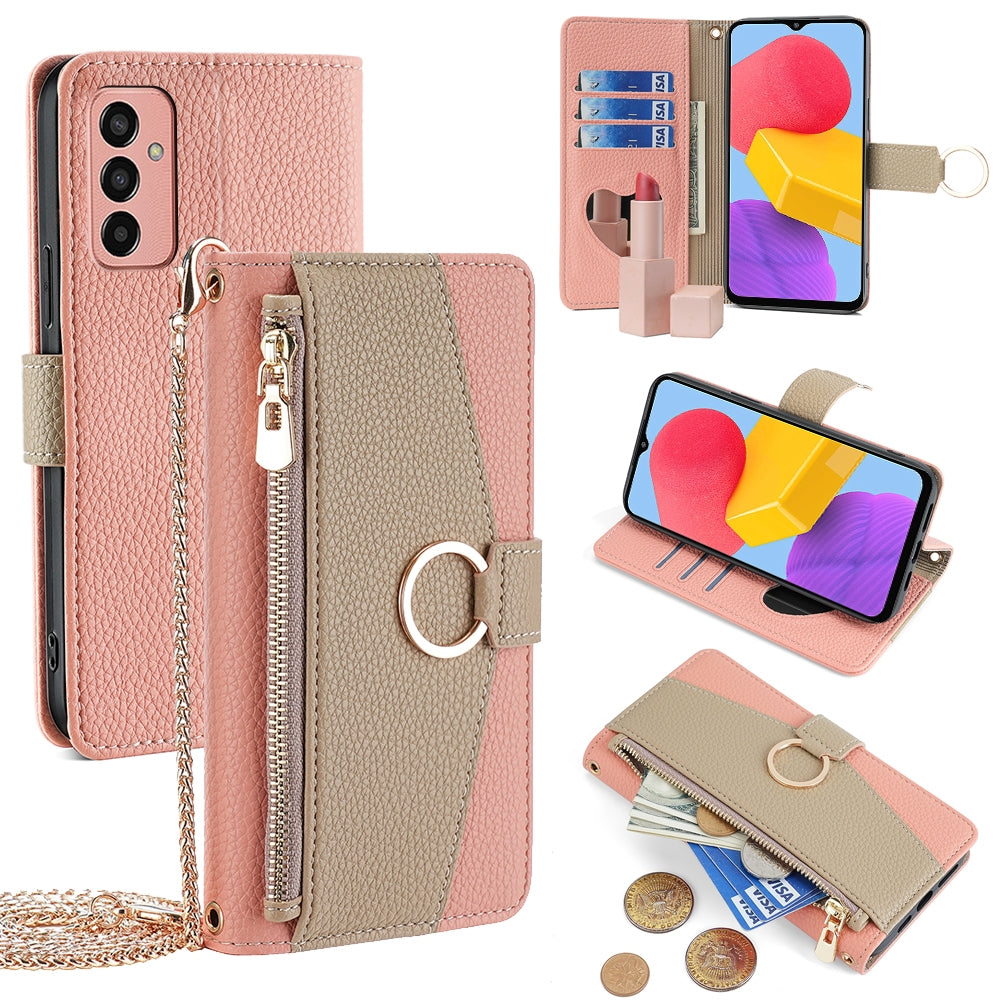 Samsung Galaxy M13 Crossbody Phone Case with Litchi Texture Leather, Adjustable Kickstand, Card Slots, Zipper Purse, Makeup Mirror, and TPU Protection