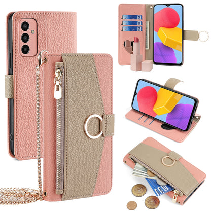 Samsung Galaxy M13 Crossbody Phone Case with Litchi Texture Leather, Adjustable Kickstand, Card Slots, Zipper Purse, Makeup Mirror, and TPU Protection