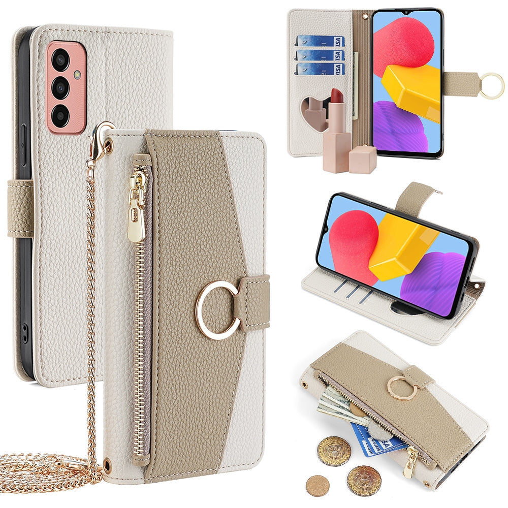Samsung Galaxy M13 Crossbody Phone Case with Litchi Texture Leather, Adjustable Kickstand, Card Slots, Zipper Purse, Makeup Mirror, and TPU Protection