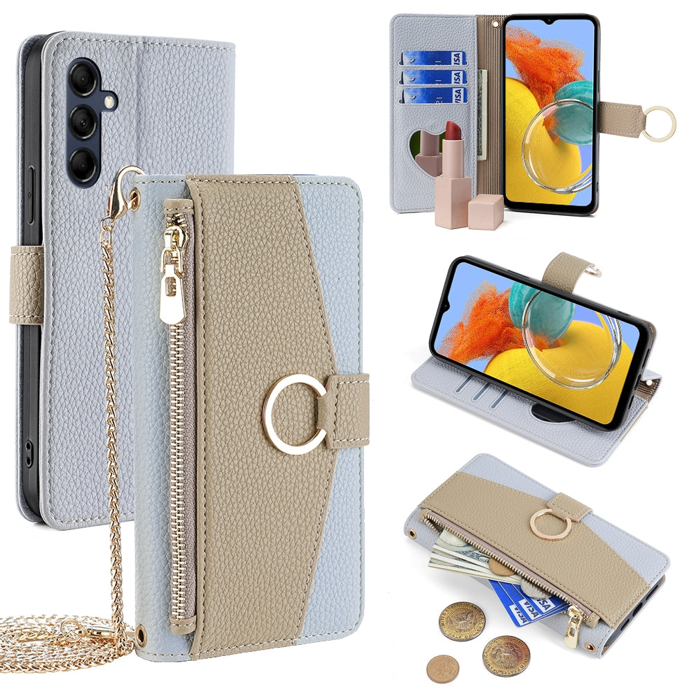 Samsung Galaxy M14 5G Crossbody Phone Case with Litchi Texture Leather, Adjustable Kickstand, Card Slots, Zipper Purse, Makeup Mirror, and TPU Protection