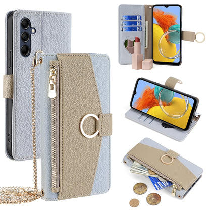 Samsung Galaxy M14 5G Crossbody Phone Case with Litchi Texture Leather, Adjustable Kickstand, Card Slots, Zipper Purse, Makeup Mirror, and TPU Protection