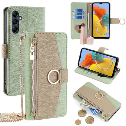 Samsung Galaxy M14 5G Crossbody Phone Case with Litchi Texture Leather, Adjustable Kickstand, Card Slots, Zipper Purse, Makeup Mirror, and TPU Protection