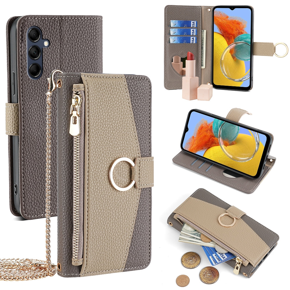 Samsung Galaxy M14 5G Crossbody Phone Case with Litchi Texture Leather, Adjustable Kickstand, Card Slots, Zipper Purse, Makeup Mirror, and TPU Protection