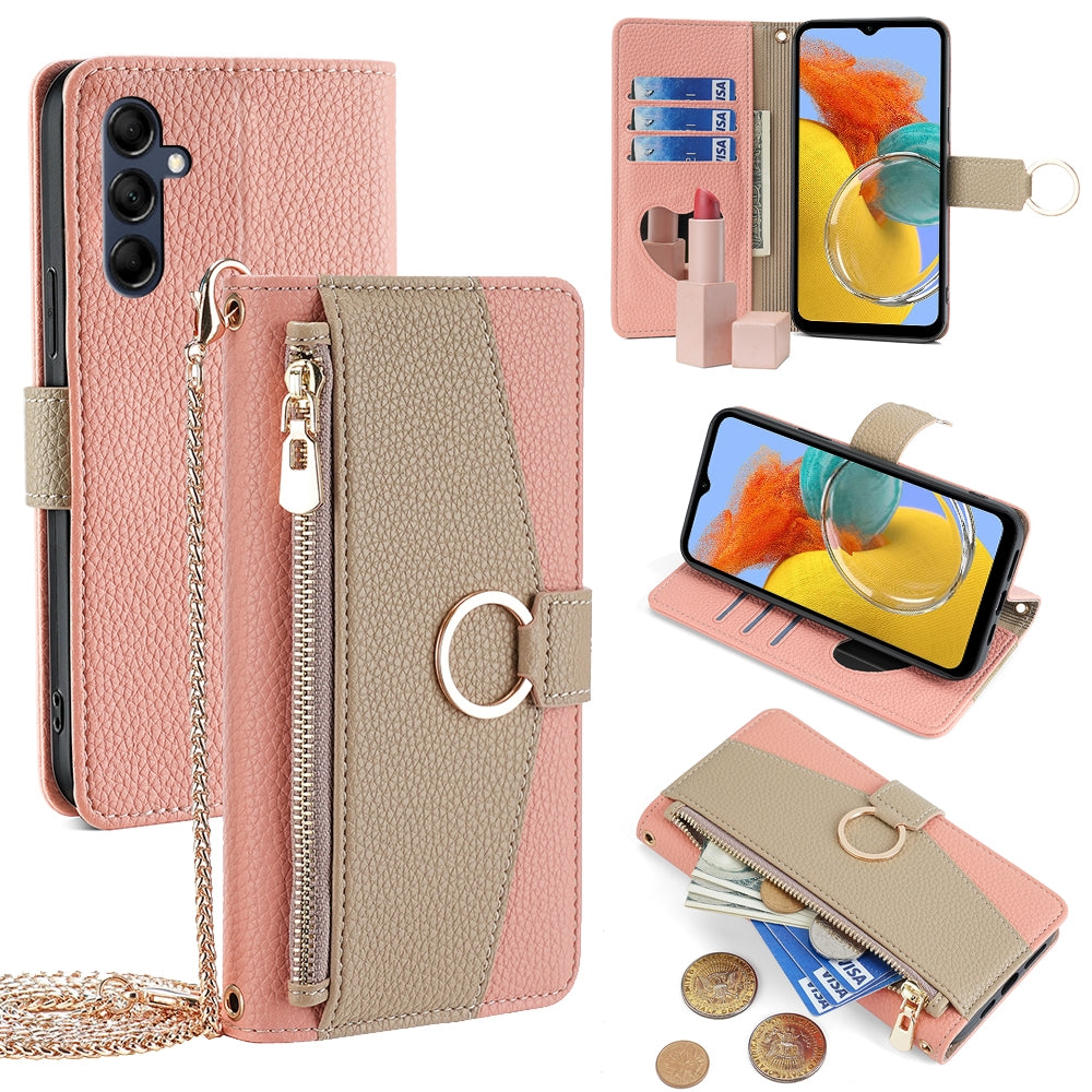 Samsung Galaxy M14 5G Crossbody Phone Case with Litchi Texture Leather, Adjustable Kickstand, Card Slots, Zipper Purse, Makeup Mirror, and TPU Protection