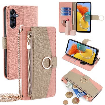 Samsung Galaxy M14 5G Crossbody Phone Case with Litchi Texture Leather, Adjustable Kickstand, Card Slots, Zipper Purse, Makeup Mirror, and TPU Protection