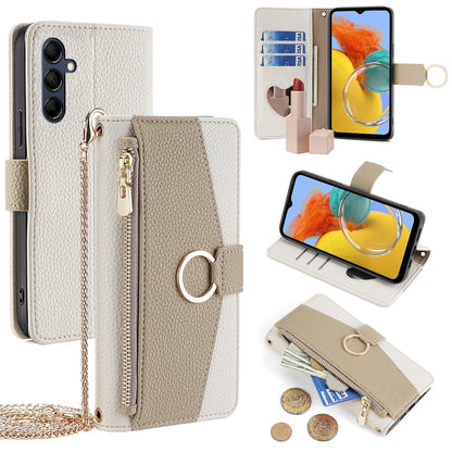Samsung Galaxy M14 5G Crossbody Phone Case with Litchi Texture Leather, Adjustable Kickstand, Card Slots, Zipper Purse, Makeup Mirror, and TPU Protection