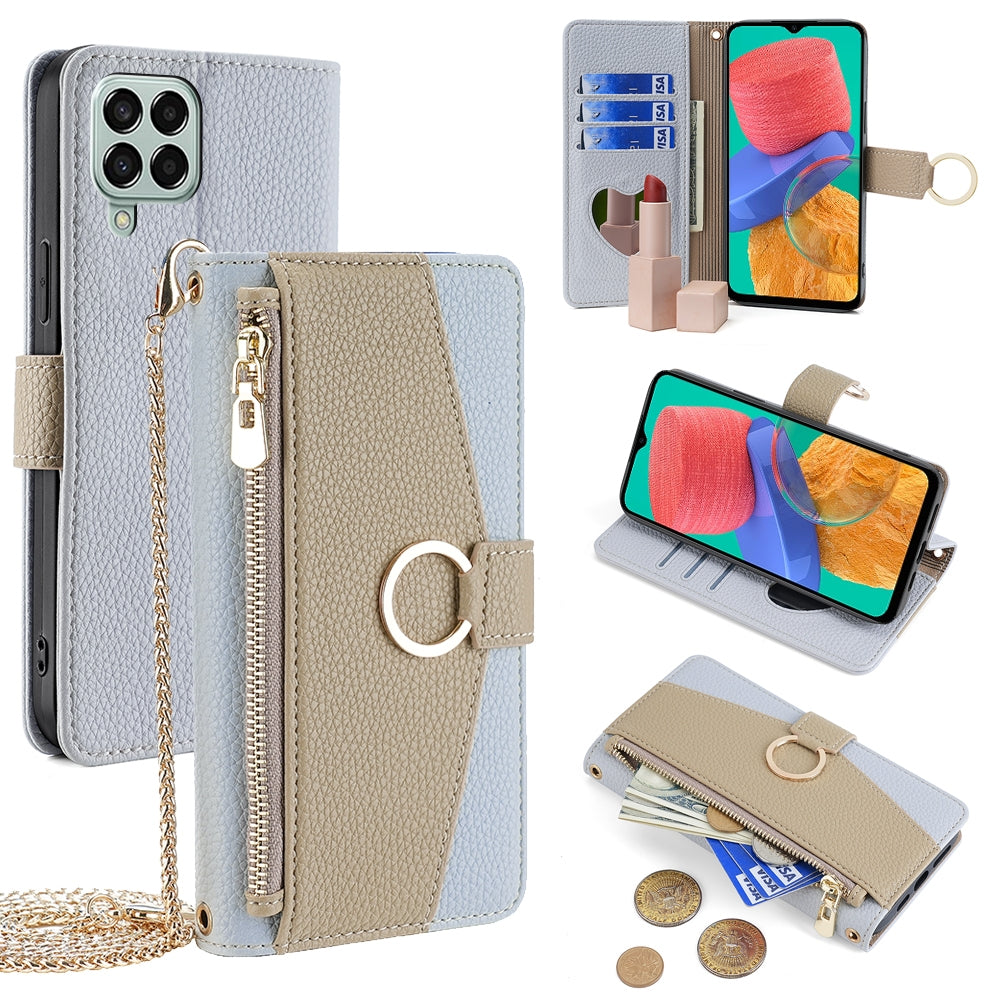 Samsung Galaxy M33 5G Crossbody Phone Case with Litchi Texture Leather, Adjustable Kickstand, Card Slots, Zipper Purse, Makeup Mirror, and TPU Protection