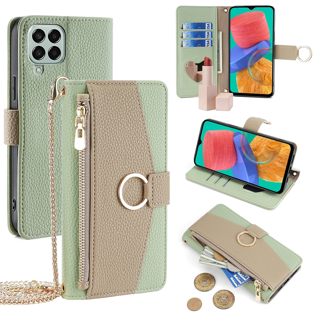 Samsung Galaxy M33 5G Crossbody Phone Case with Litchi Texture Leather, Adjustable Kickstand, Card Slots, Zipper Purse, Makeup Mirror, and TPU Protection