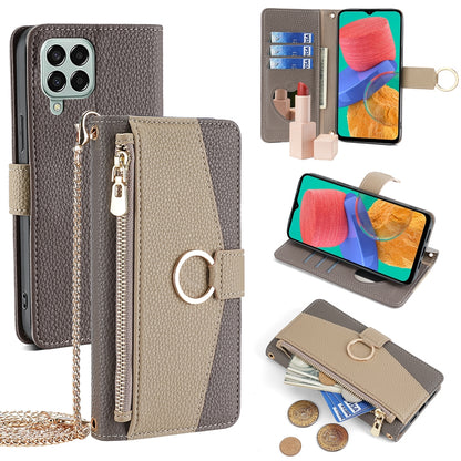 Samsung Galaxy M33 5G Crossbody Phone Case with Litchi Texture Leather, Adjustable Kickstand, Card Slots, Zipper Purse, Makeup Mirror, and TPU Protection