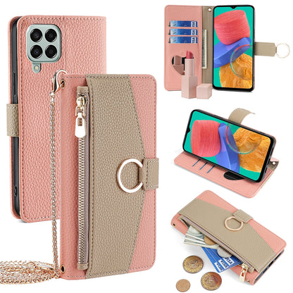 Samsung Galaxy M33 5G Crossbody Phone Case with Litchi Texture Leather, Adjustable Kickstand, Card Slots, Zipper Purse, Makeup Mirror, and TPU Protection