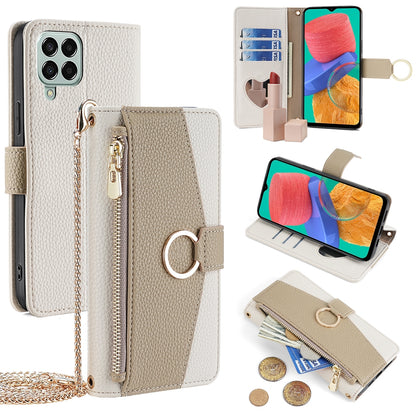 Samsung Galaxy M33 5G Crossbody Phone Case with Litchi Texture Leather, Adjustable Kickstand, Card Slots, Zipper Purse, Makeup Mirror, and TPU Protection