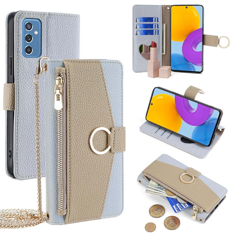 Samsung Galaxy M52 5G Crossbody Phone Case with Litchi Texture Leather, Adjustable Kickstand, Card Slots, Zipper Purse, Makeup Mirror, and TPU Protection
