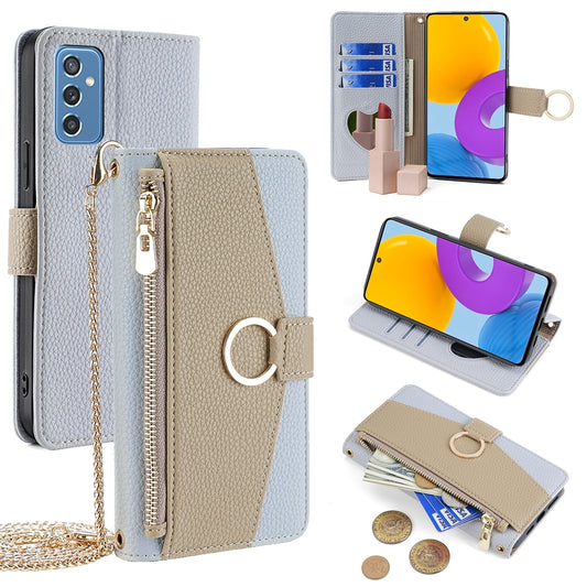 Samsung Galaxy M52 5G Crossbody Phone Case with Litchi Texture Leather, Adjustable Kickstand, Card Slots, Zipper Purse, Makeup Mirror, and TPU Protection