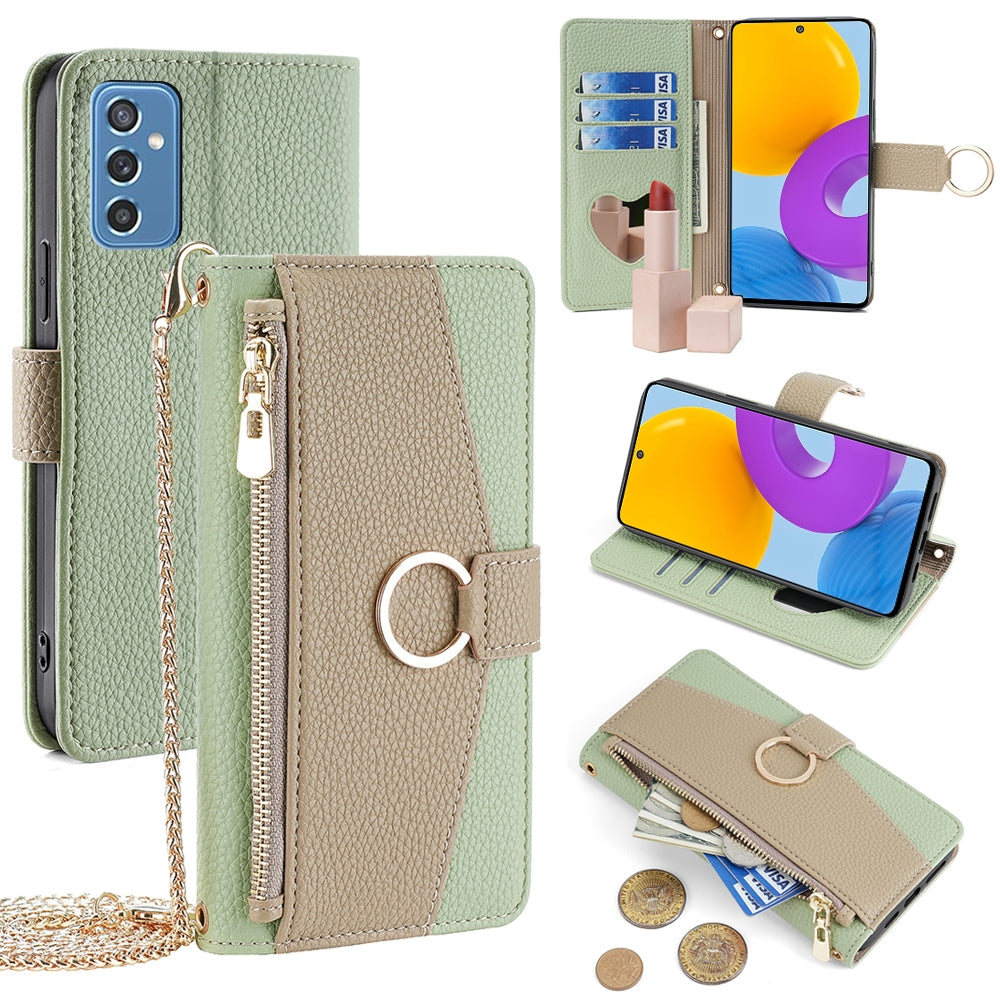 Samsung Galaxy M52 5G Crossbody Phone Case with Litchi Texture Leather, Adjustable Kickstand, Card Slots, Zipper Purse, Makeup Mirror, and TPU Protection
