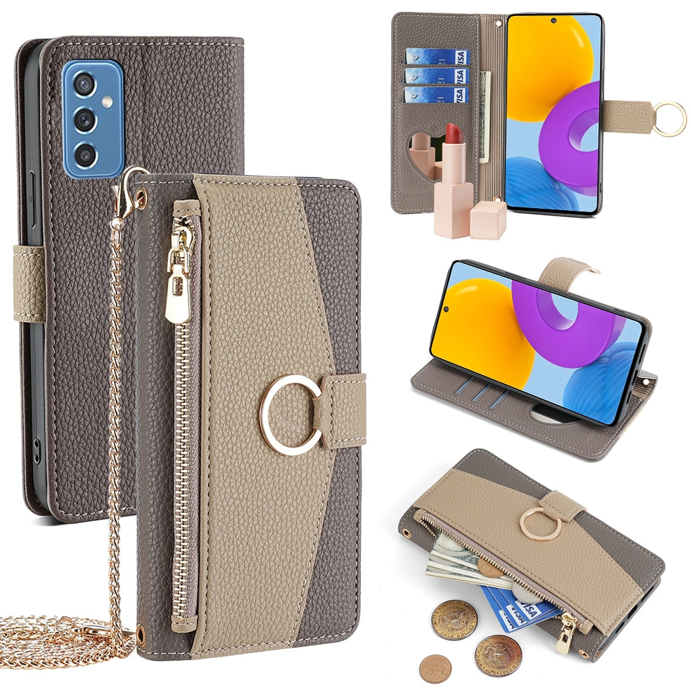 Samsung Galaxy M52 5G Crossbody Phone Case with Litchi Texture Leather, Adjustable Kickstand, Card Slots, Zipper Purse, Makeup Mirror, and TPU Protection