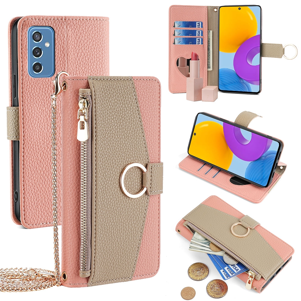 Samsung Galaxy M52 5G Crossbody Phone Case with Litchi Texture Leather, Adjustable Kickstand, Card Slots, Zipper Purse, Makeup Mirror, and TPU Protection