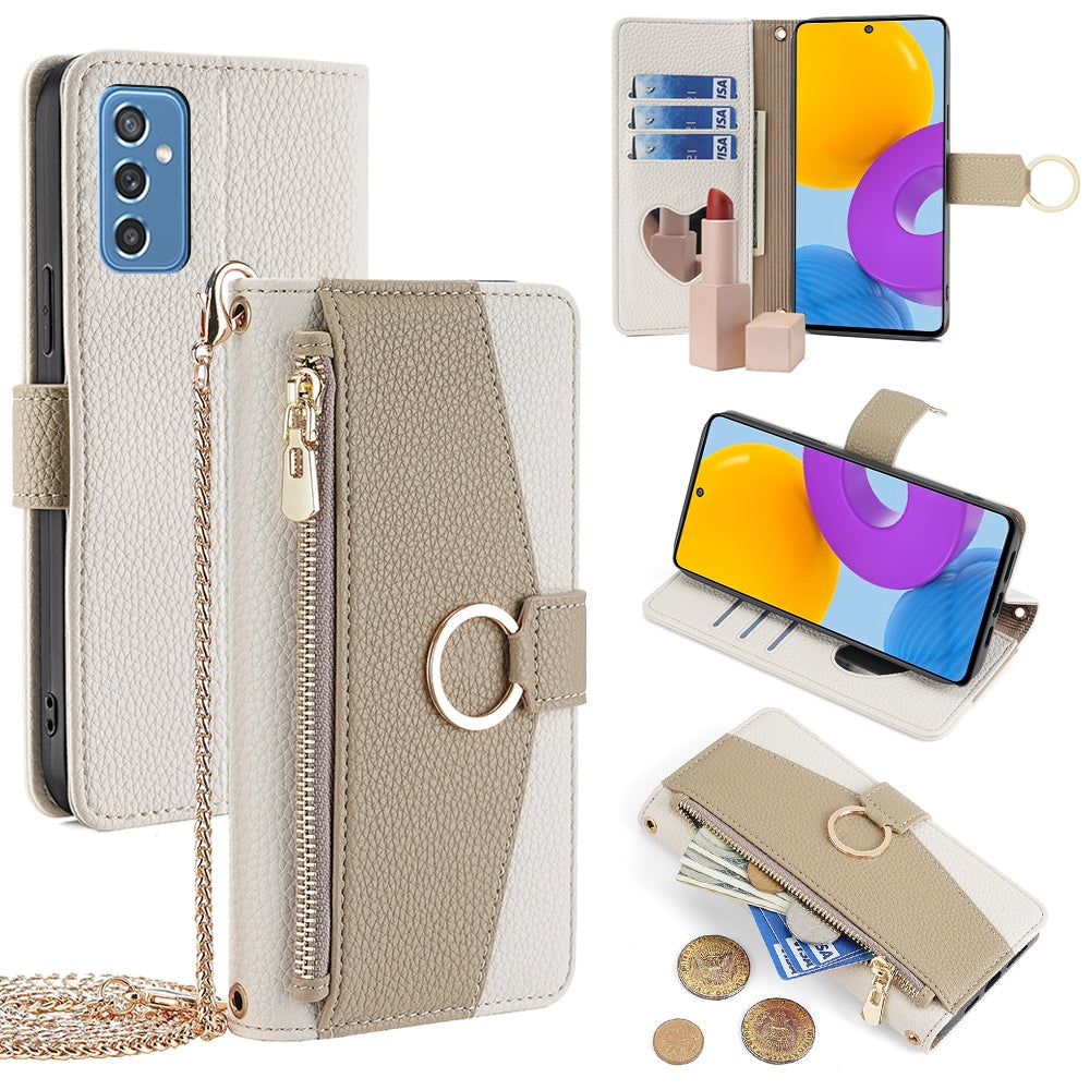 Samsung Galaxy M52 5G Crossbody Phone Case with Litchi Texture Leather, Adjustable Kickstand, Card Slots, Zipper Purse, Makeup Mirror, and TPU Protection