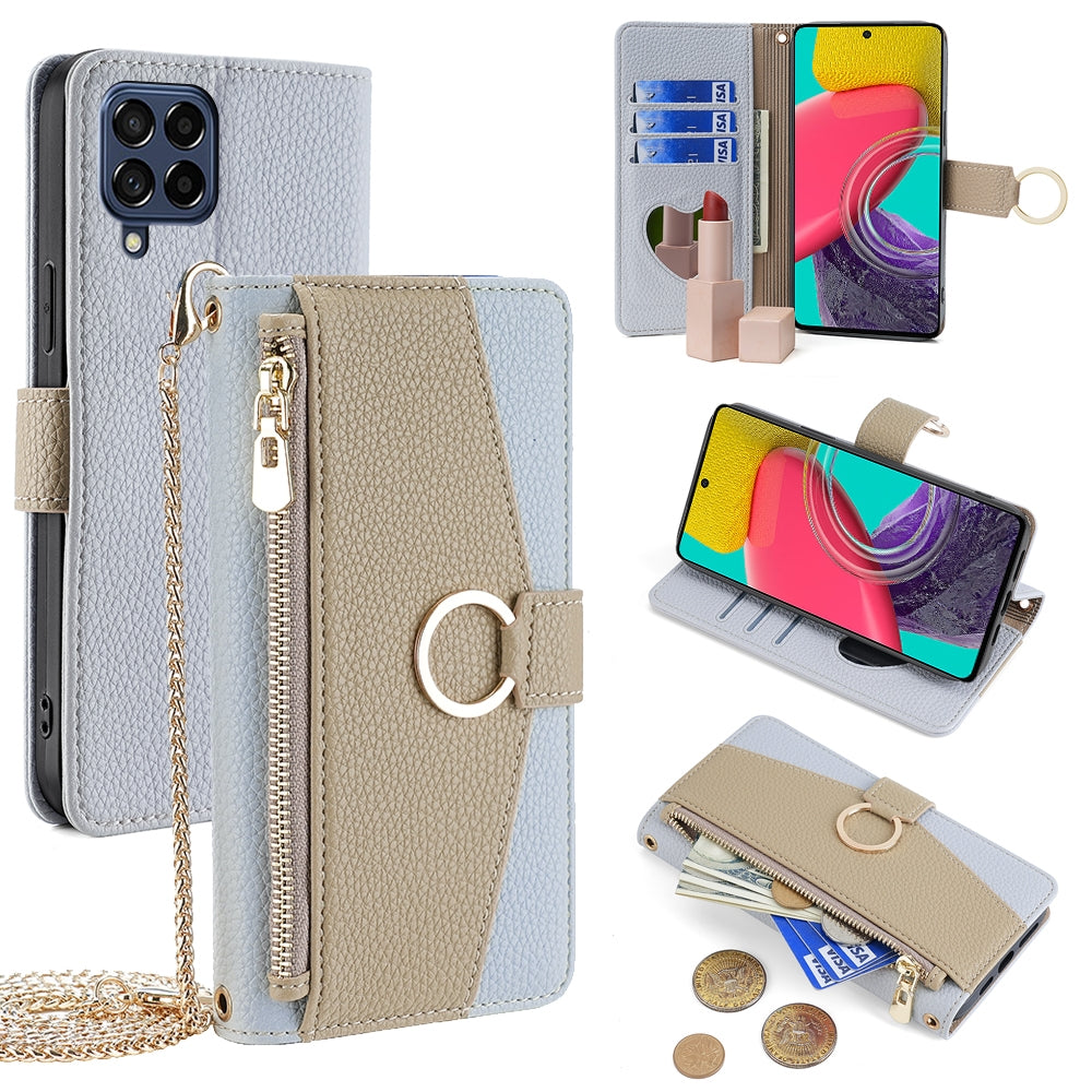 Samsung Galaxy M53 5G Crossbody Phone Case with Litchi Texture Leather, Adjustable Kickstand, Card Slots, Zipper Purse, Makeup Mirror, and TPU Protection