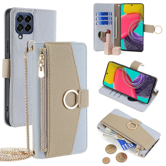 Samsung Galaxy M53 5G Crossbody Phone Case with Litchi Texture Leather, Adjustable Kickstand, Card Slots, Zipper Purse, Makeup Mirror, and TPU Protection
