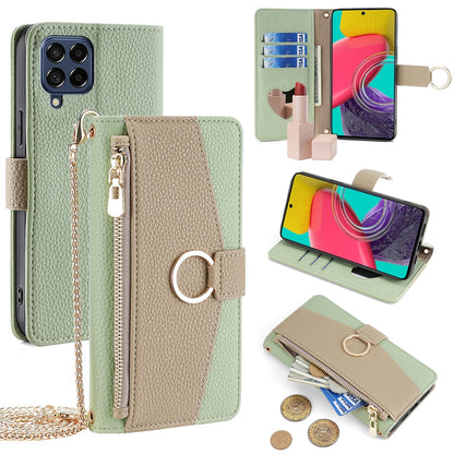 Samsung Galaxy M53 5G Crossbody Phone Case with Litchi Texture Leather, Adjustable Kickstand, Card Slots, Zipper Purse, Makeup Mirror, and TPU Protection