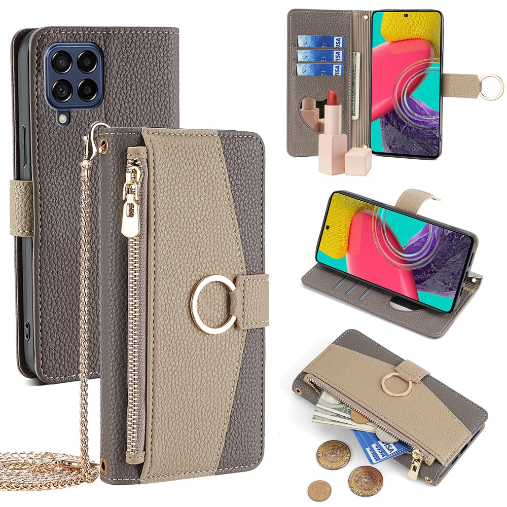 Samsung Galaxy M53 5G Crossbody Phone Case with Litchi Texture Leather, Adjustable Kickstand, Card Slots, Zipper Purse, Makeup Mirror, and TPU Protection