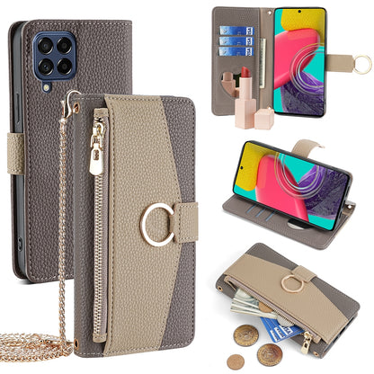 Samsung Galaxy M53 5G Crossbody Phone Case with Litchi Texture Leather, Adjustable Kickstand, Card Slots, Zipper Purse, Makeup Mirror, and TPU Protection