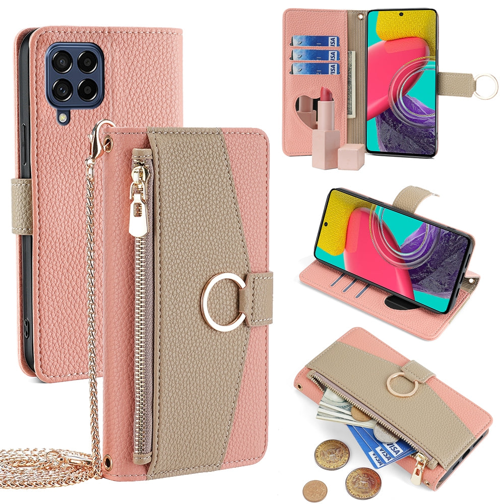 Samsung Galaxy M53 5G Crossbody Phone Case with Litchi Texture Leather, Adjustable Kickstand, Card Slots, Zipper Purse, Makeup Mirror, and TPU Protection