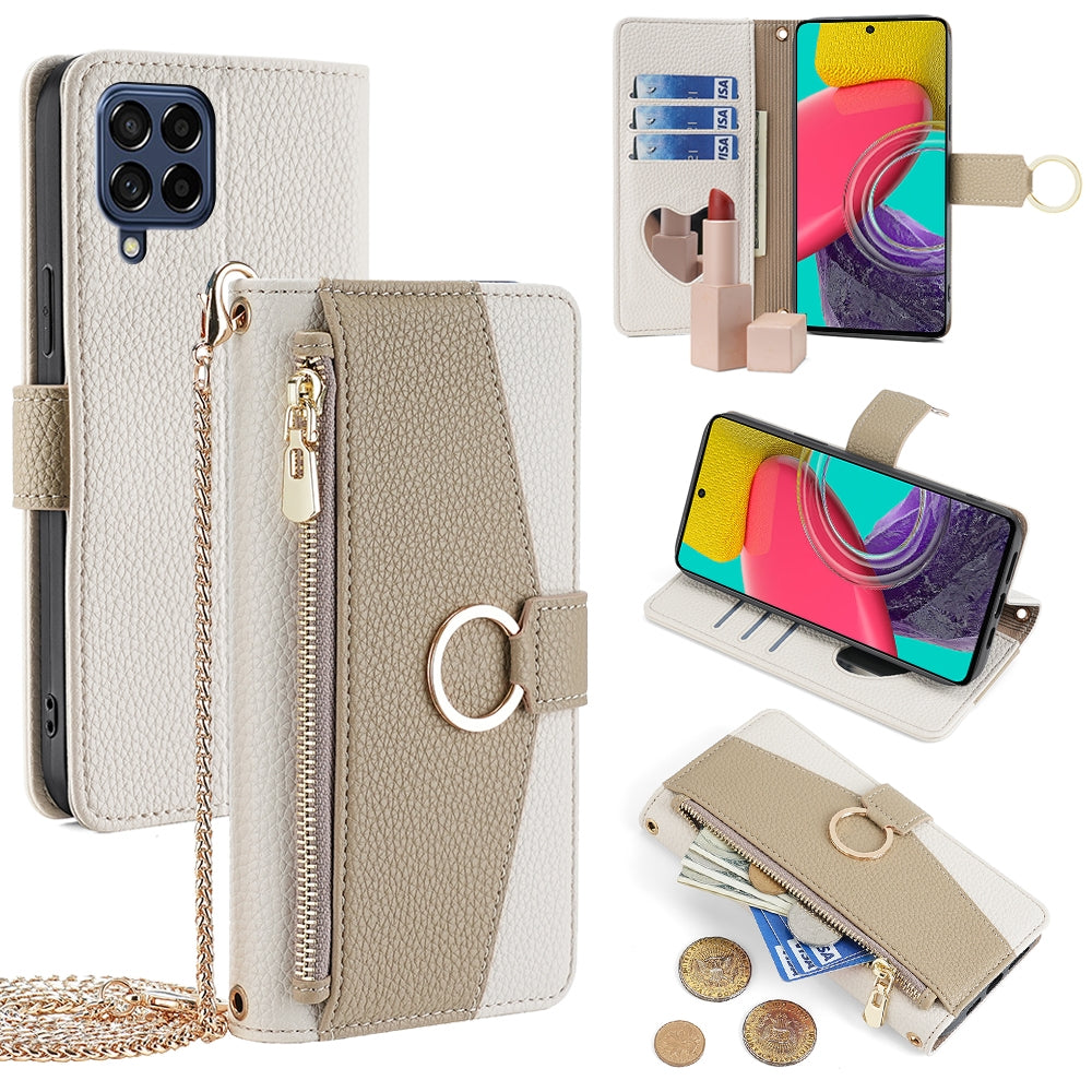 Samsung Galaxy M53 5G Crossbody Phone Case with Litchi Texture Leather, Adjustable Kickstand, Card Slots, Zipper Purse, Makeup Mirror, and TPU Protection