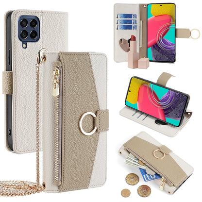 Samsung Galaxy M53 5G Crossbody Phone Case with Litchi Texture Leather, Adjustable Kickstand, Card Slots, Zipper Purse, Makeup Mirror, and TPU Protection
