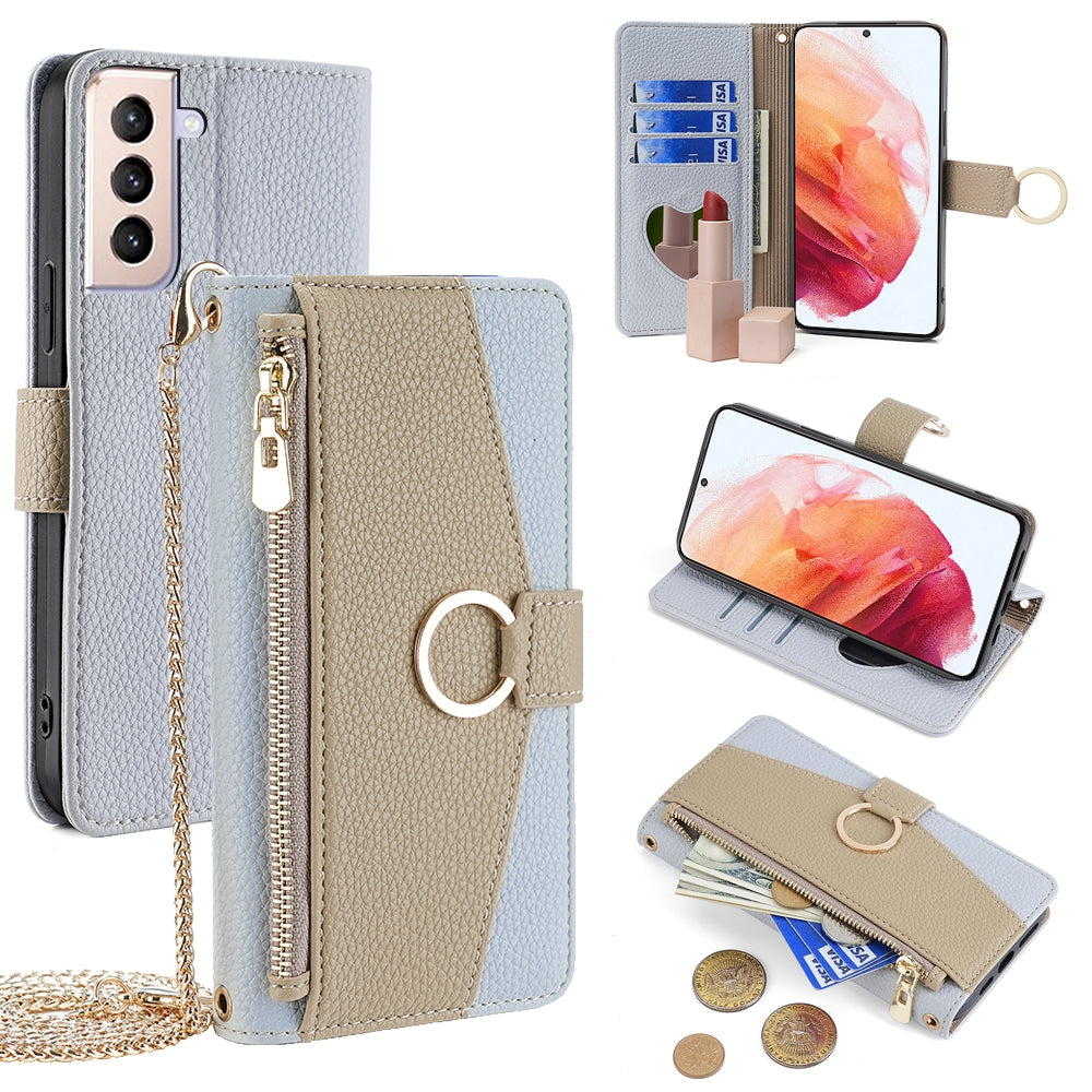 Samsung Galaxy S21 5G Crossbody Phone Case with Litchi Texture Leather, Adjustable Kickstand, Card Slots, Zipper Purse, Makeup Mirror, and TPU Protection