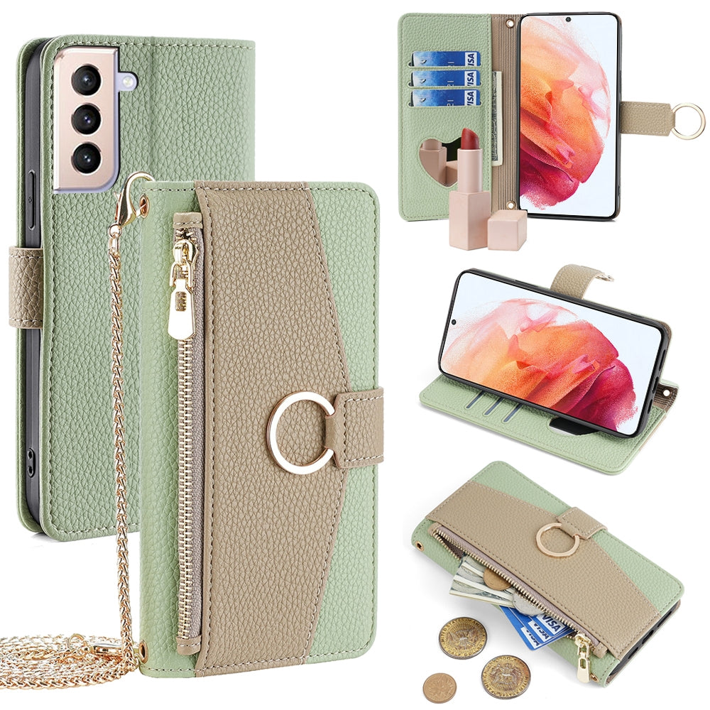 Samsung Galaxy S21 5G Crossbody Phone Case with Litchi Texture Leather, Adjustable Kickstand, Card Slots, Zipper Purse, Makeup Mirror, and TPU Protection