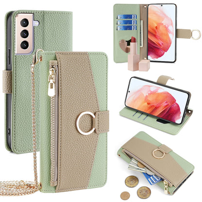 Samsung Galaxy S21 5G Crossbody Phone Case with Litchi Texture Leather, Adjustable Kickstand, Card Slots, Zipper Purse, Makeup Mirror, and TPU Protection