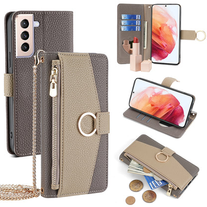 Samsung Galaxy S21 5G Crossbody Phone Case with Litchi Texture Leather, Adjustable Kickstand, Card Slots, Zipper Purse, Makeup Mirror, and TPU Protection