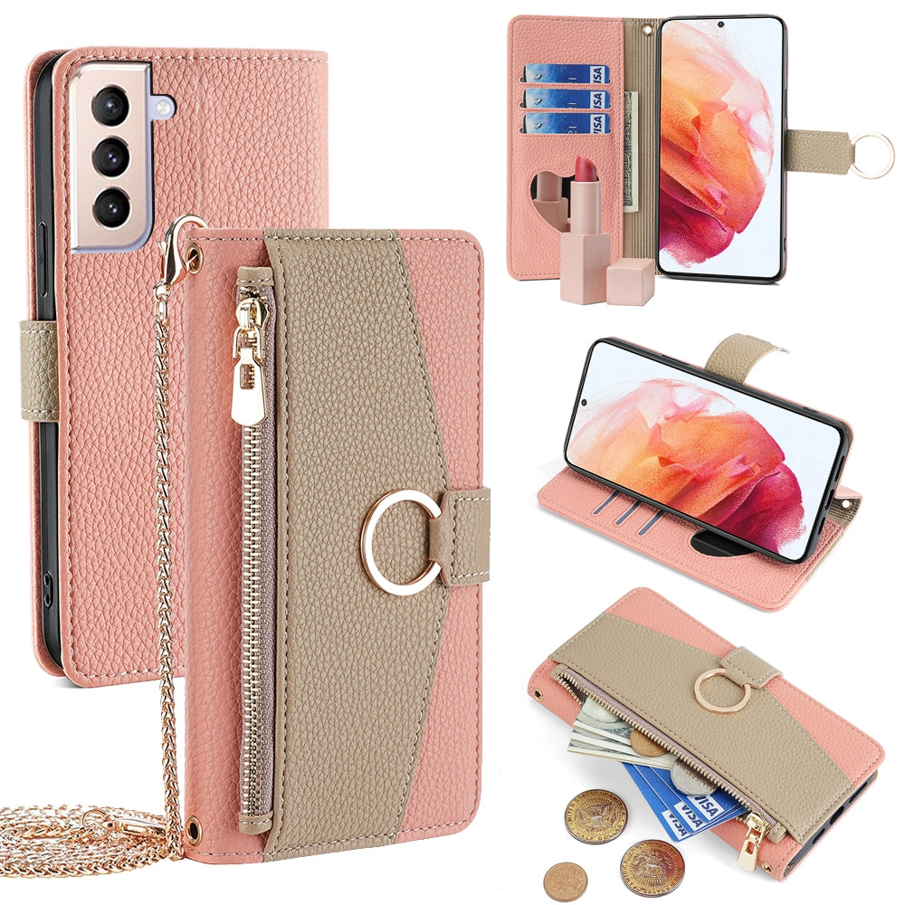 Samsung Galaxy S21 5G Crossbody Phone Case with Litchi Texture Leather, Adjustable Kickstand, Card Slots, Zipper Purse, Makeup Mirror, and TPU Protection