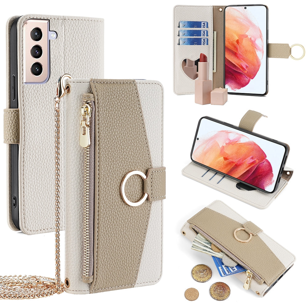 Samsung Galaxy S21 5G Crossbody Phone Case with Litchi Texture Leather, Adjustable Kickstand, Card Slots, Zipper Purse, Makeup Mirror, and TPU Protection