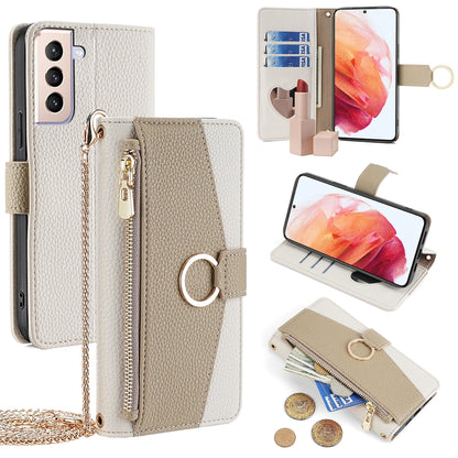 Samsung Galaxy S21 5G Crossbody Phone Case with Litchi Texture Leather, Adjustable Kickstand, Card Slots, Zipper Purse, Makeup Mirror, and TPU Protection