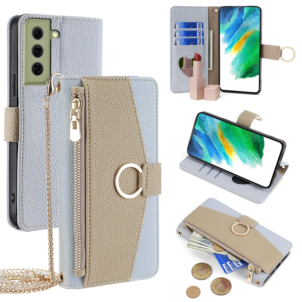 Samsung Galaxy S21 FE 5G Crossbody Phone Case with Litchi Texture Leather, Adjustable Kickstand, Card Slots, Zipper Purse, Makeup Mirror, and TPU Protection