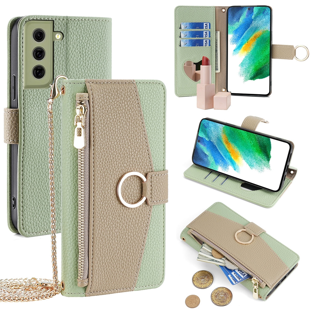 Samsung Galaxy S21 FE 5G Crossbody Phone Case with Litchi Texture Leather, Adjustable Kickstand, Card Slots, Zipper Purse, Makeup Mirror, and TPU Protection