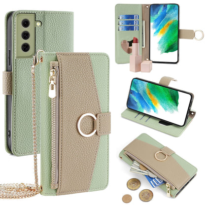 Samsung Galaxy S21 FE 5G Crossbody Phone Case with Litchi Texture Leather, Adjustable Kickstand, Card Slots, Zipper Purse, Makeup Mirror, and TPU Protection