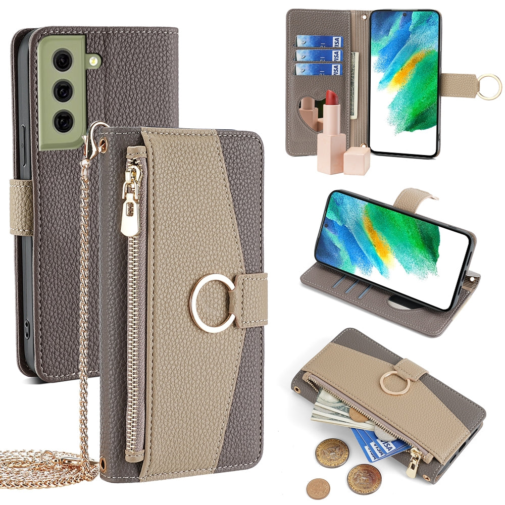 Samsung Galaxy S21 FE 5G Crossbody Phone Case with Litchi Texture Leather, Adjustable Kickstand, Card Slots, Zipper Purse, Makeup Mirror, and TPU Protection